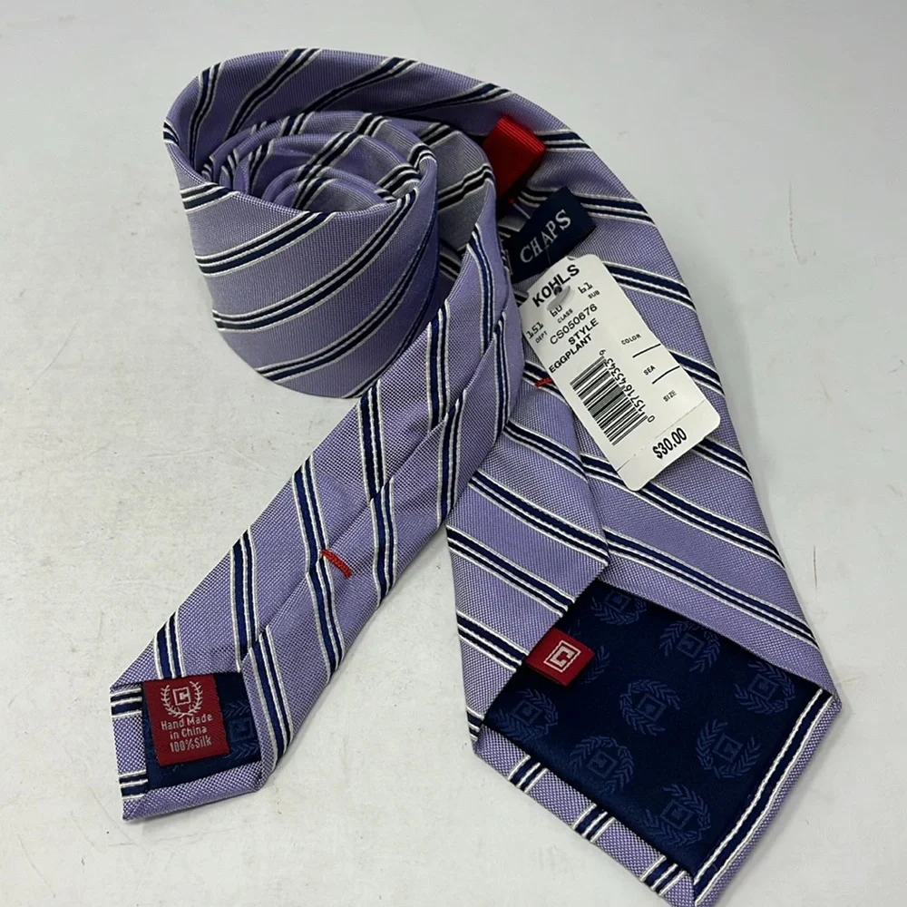 CHAPS 100% SILK PURPLE AND NAVY STRIPED TIE NWT